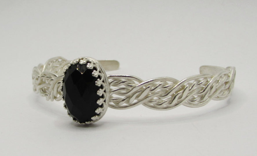 Bracelet tressé Argent 925 cabochon facetté Onyx