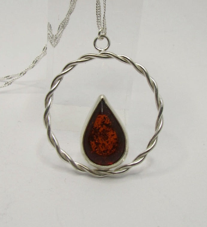 Collier cercle tressé, Argent 925, cabochon d'Ambre véritable