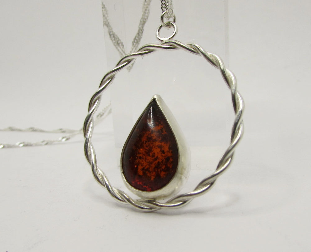 Collier cercle tressé, Argent 925, cabochon d'Ambre véritable