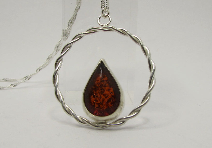 Collier cercle tressé, Argent 925, cabochon d'Ambre véritable