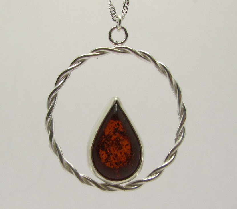 Collier cercle tressé, Argent 925, cabochon d'Ambre véritable