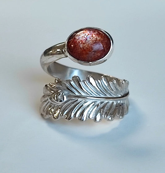 Bague plume de paon argent et pierre du soleil